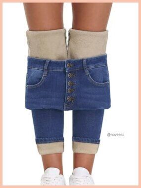 Fleece Lined Skinny High Waisted Stretch Jeans Winter Warm Thermal Pants